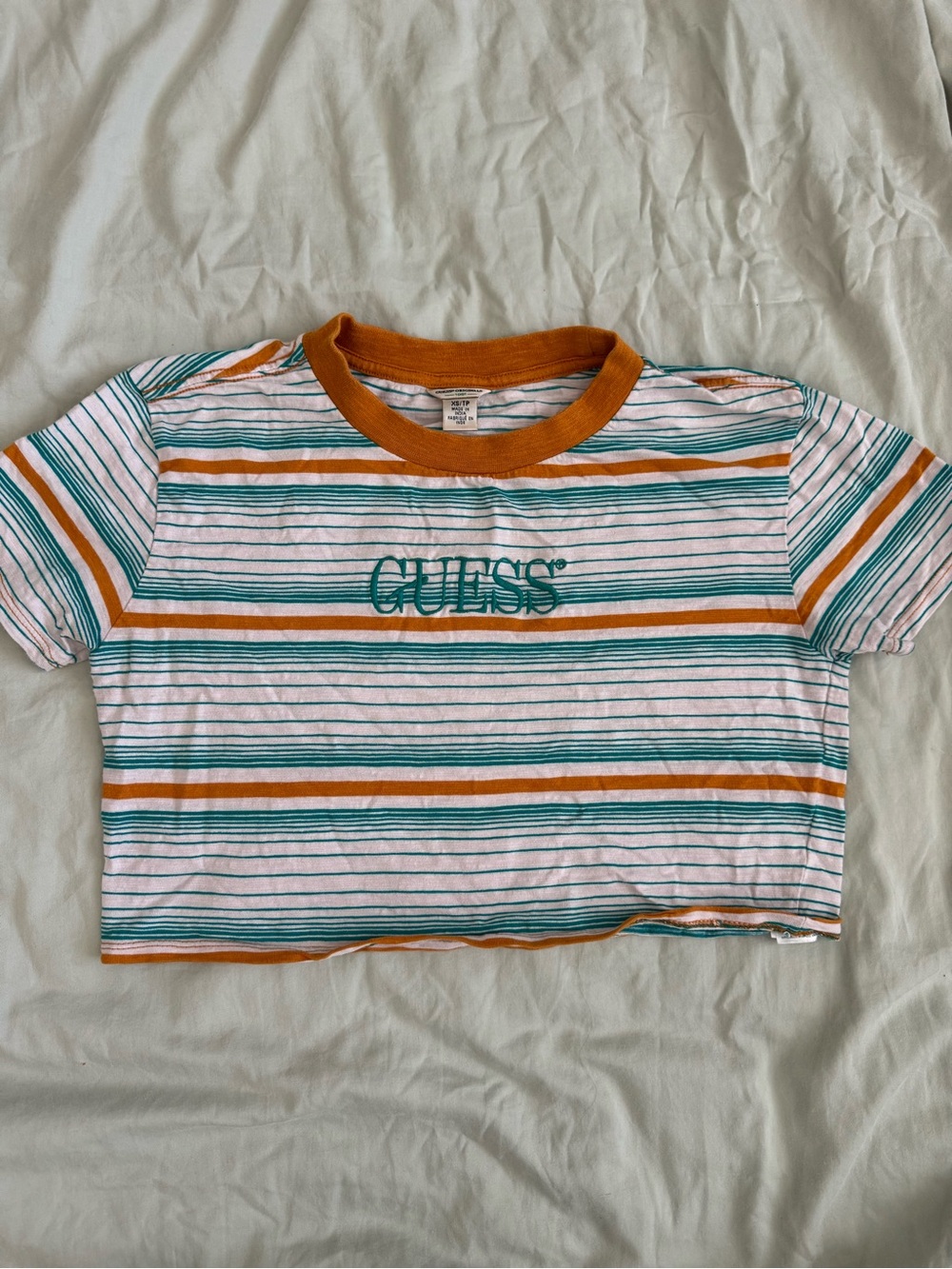 GUESS Originals 1981 Striped Crop Tee in White, Teal & Mustard